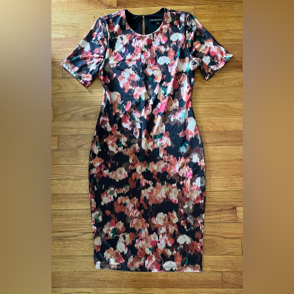 Black Halo watercolor pencil dress floral black sheath stretch formal floral 8